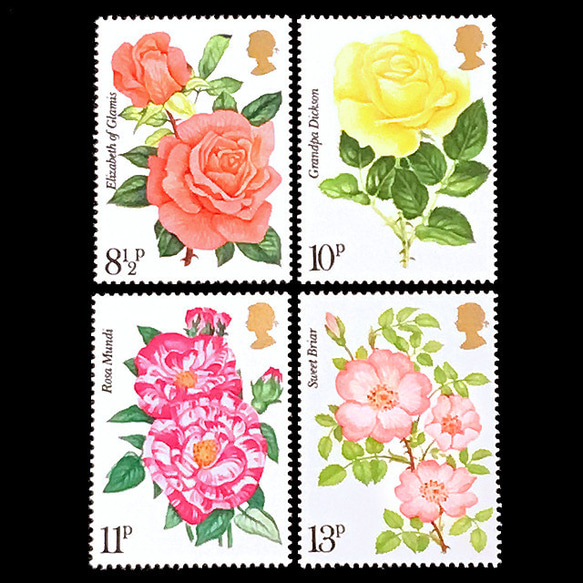 バラの花 イギリス 1976年 外国切手4種 未使用【薔薇 古切手ハンドメイド用アクセサリーパーツ素材】 1枚目の画像