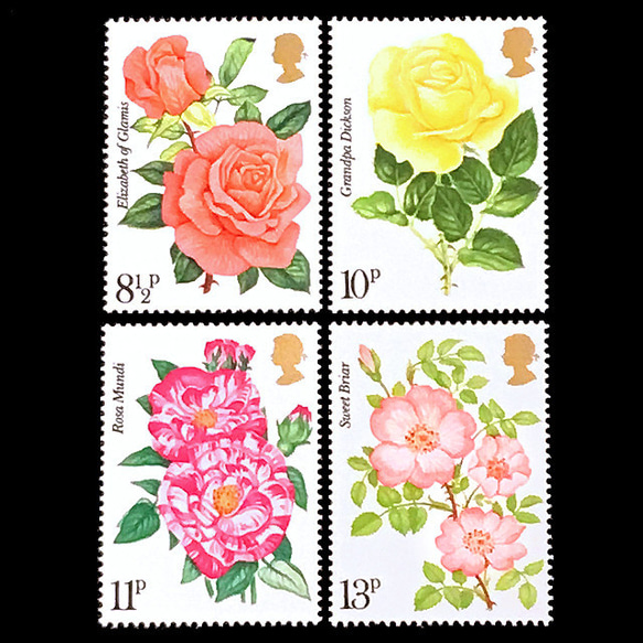 送料無料 バラの花 イギリス 1976年 外国切手4種 未使用【薔薇 古切手 コレクション