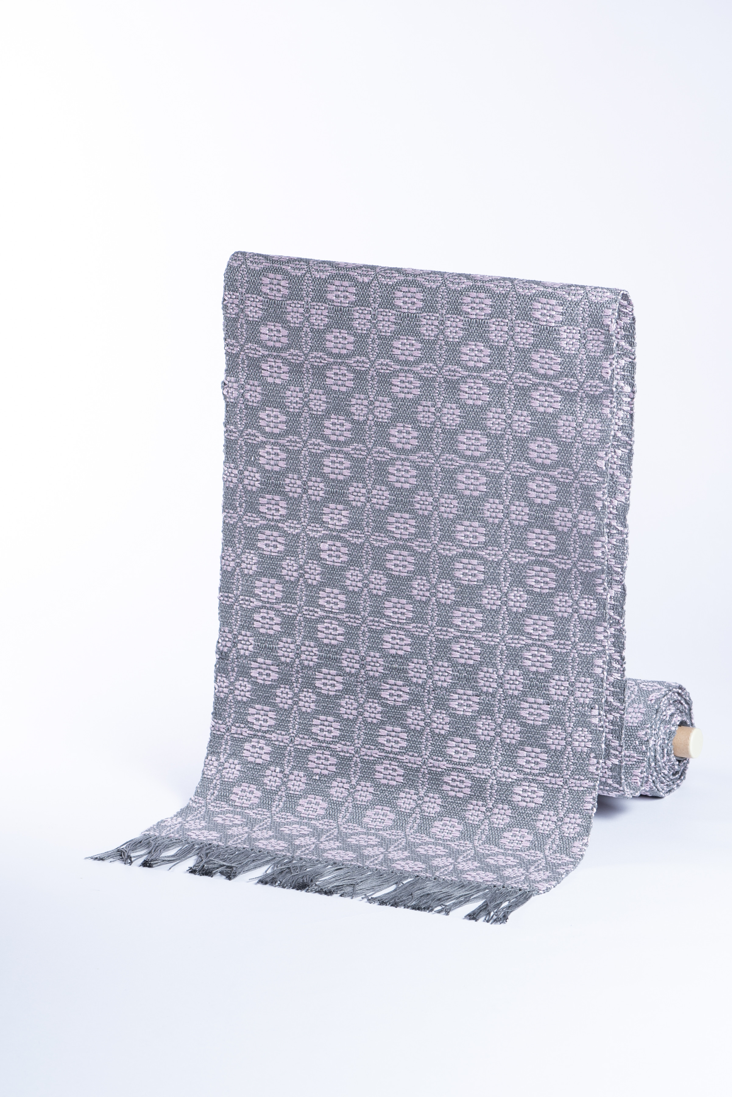 手織り　オーバーショット兵児帯　濃グレー✖️淡ピンク　《七宝乱華》