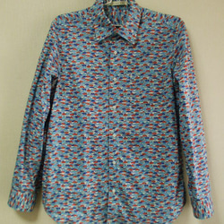 リバティプリント ピカデリーポプリン カーズ メンズ台衿付き長袖シャツ Lサイズ 綿100％ 1枚目の画像