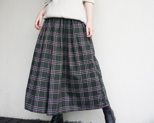 シックグリーンタータンチェックオックスプリントスカート ロング