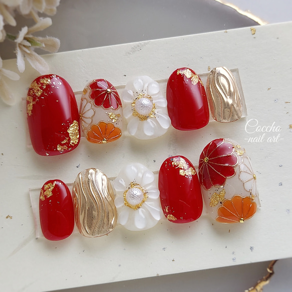 No.131 ジェルネイル ネイルチップ 振袖 赤 オレンジ 白 成人式 着物