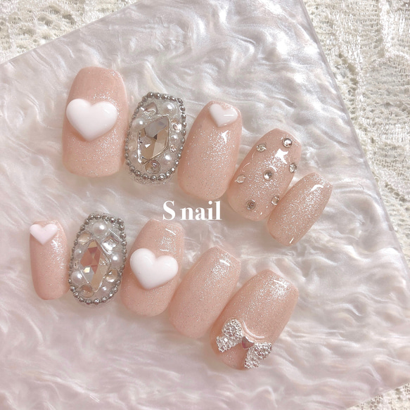 ネイルチップ ピンクベージュ マグネットネイル ハート ストーン  
