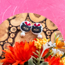 異國短毛貓（黑色）絲帶貓黑貓斯堪的納維亞刺繡胡桃紐扣耳環/穿孔動物 第8張的照片