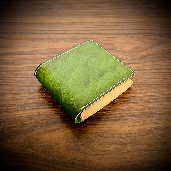 イタリアンレザー アドバンレザー 折財布 二つ折り 財布 メンズ 本革 牛革 経年変化 グリーン 緑 1枚目の画像