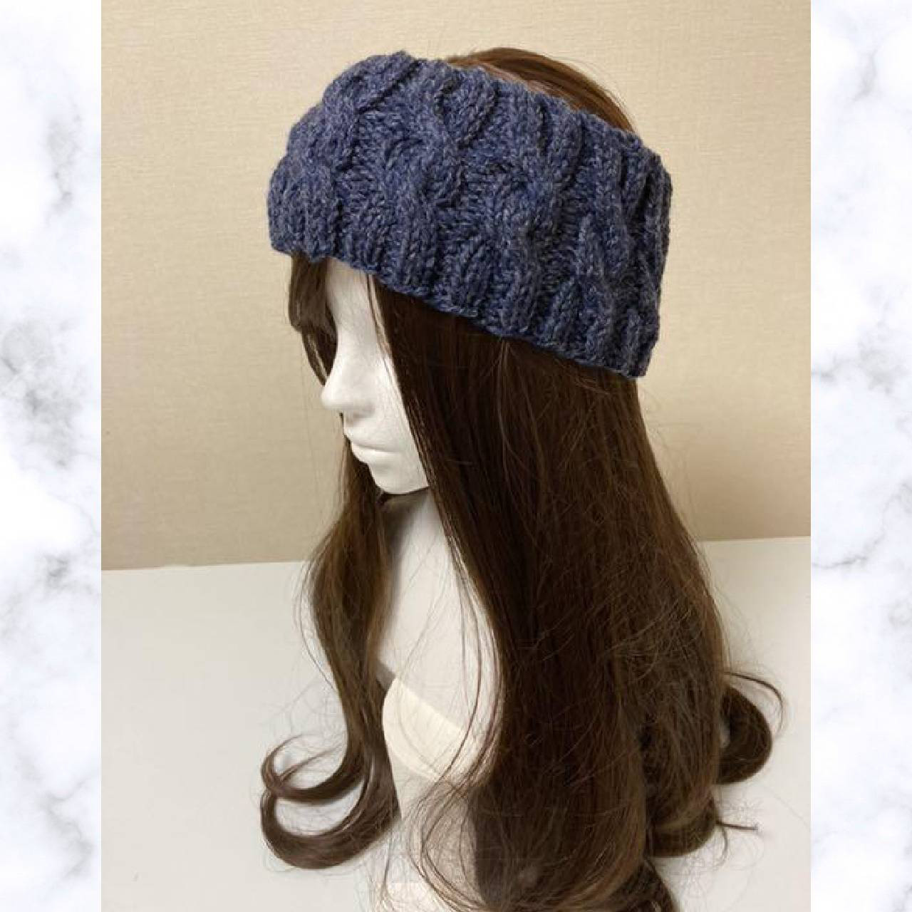 ヘアバンド ネックウォーマー ネイビーブルー 手編み アラン模様 