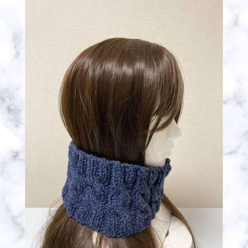 ヘアバンド ネックウォーマー ネイビーブルー 手編み アラン模様 