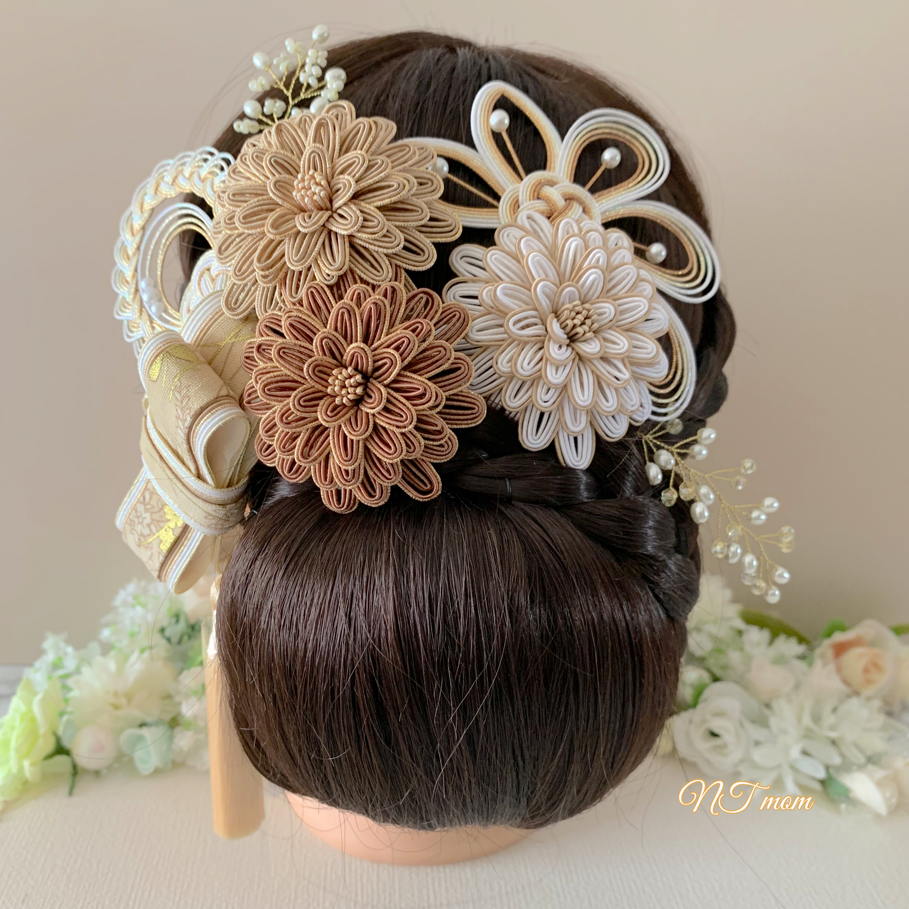 成人式卒業式結婚式・和装水引髪飾り・9点セット・ベージュ