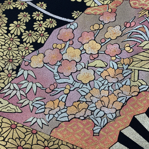 金彩 扇 連菊 作家モノ 黒留袖のシンプルフォーマルワンピース☆着物