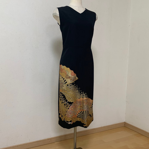 金彩 扇 連菊 作家モノ 黒留袖のシンプルフォーマルワンピース☆着物