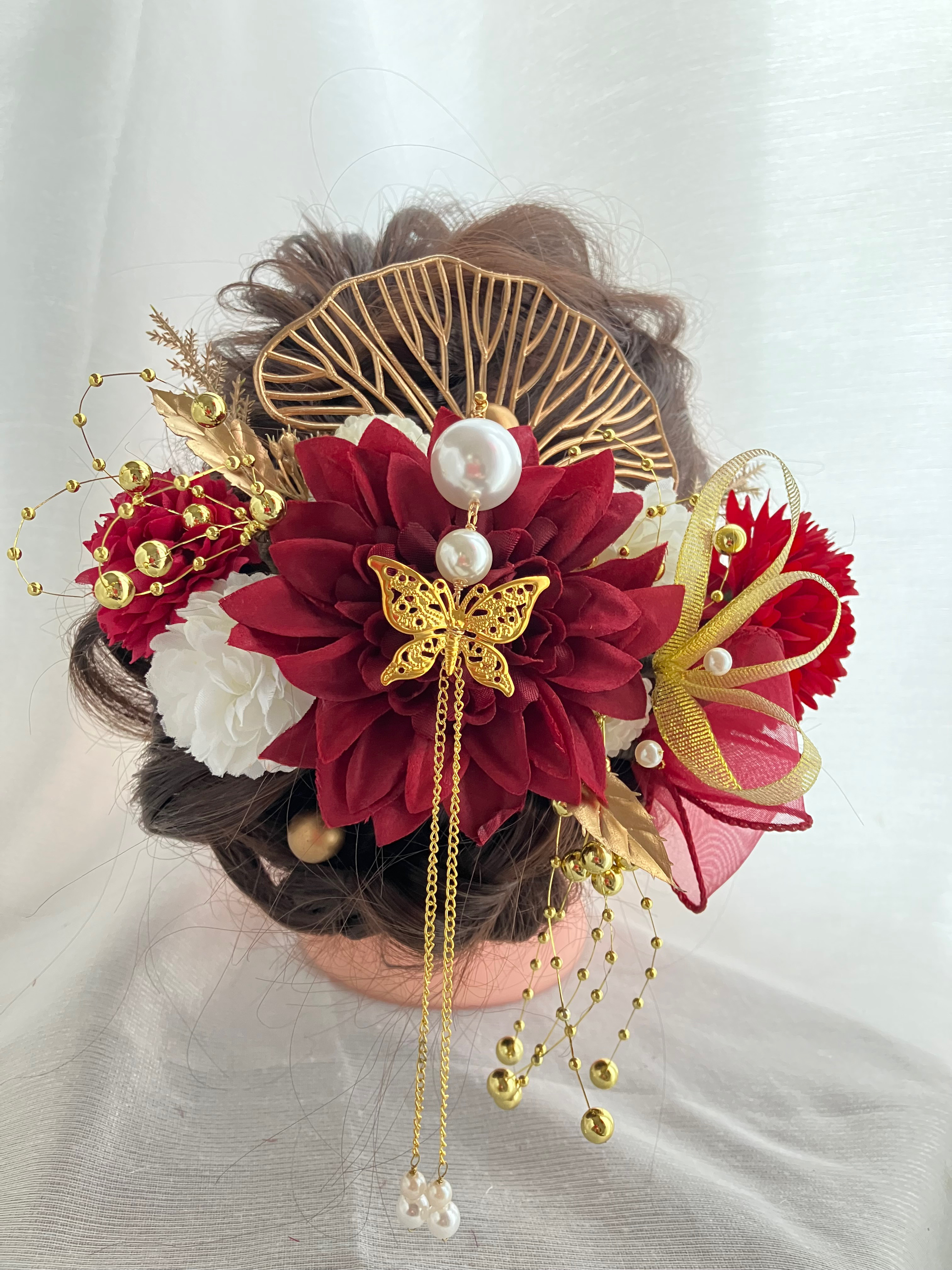 揺れるパール簪【成人式髪飾り】【結婚式髪飾り】【卒業式髪飾り】【ウェディング】簪　水引　金箔　振袖　袴　チュール　成人式