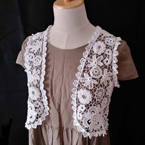 アイリッシュクロッシェレース編みの華やか白ベスト レディース S～M