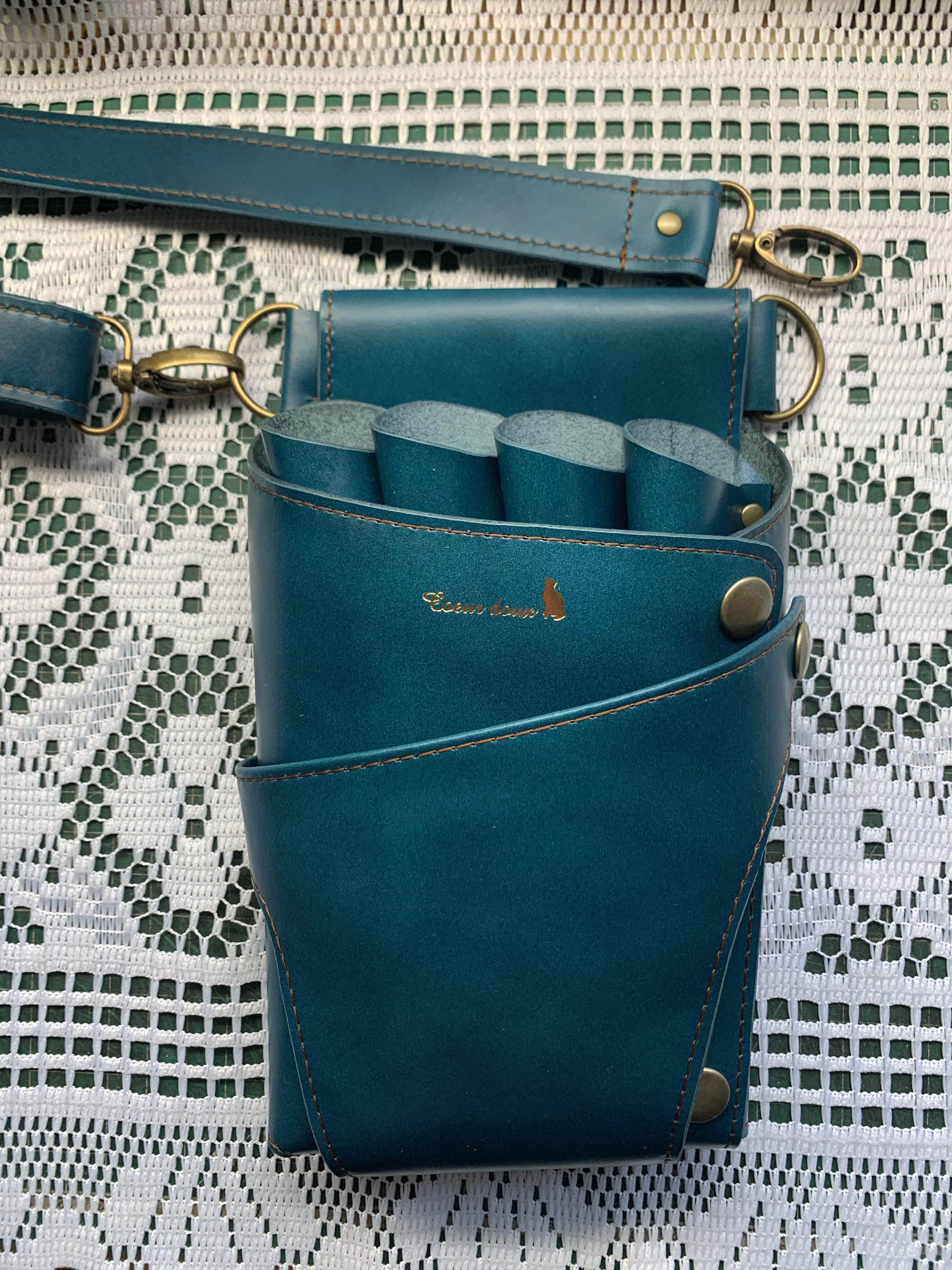 牛革シザーケース　エメラルドグリーン　美容師　理容師　トリマー