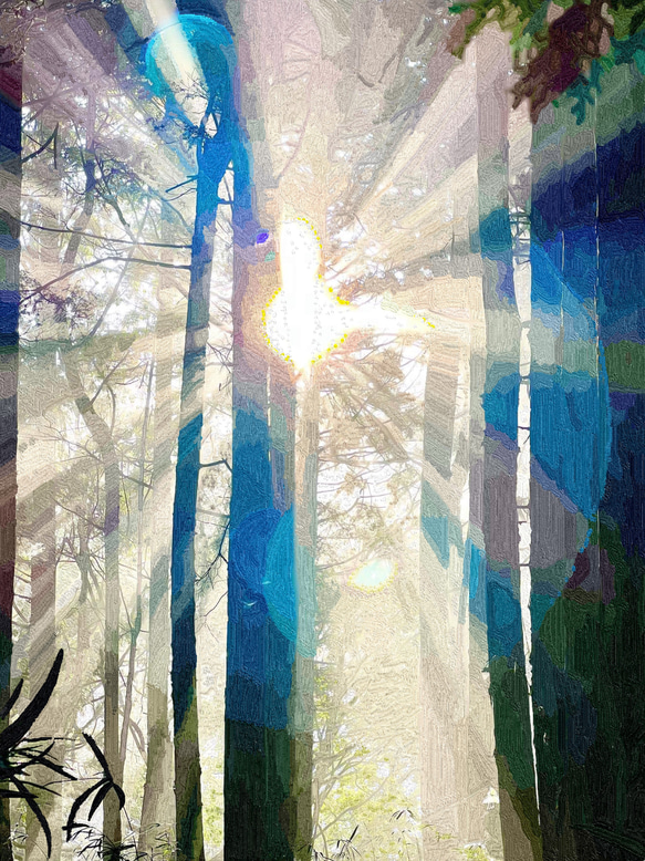 碧の木漏れ日 ／ 風景 写実 自然 油彩 キャンバス 光 木 樹 林 朝 日