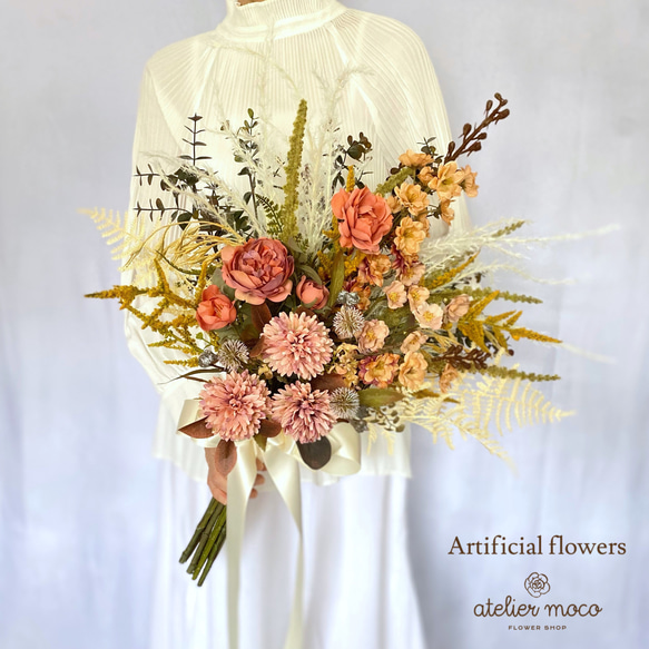 ウェディングブーケ クラッチブーケ　テラコッタ　造花ブーケ　秋色 ブーケ オレンジブラウンのアームブーケ 造花ブーケ ウェディング