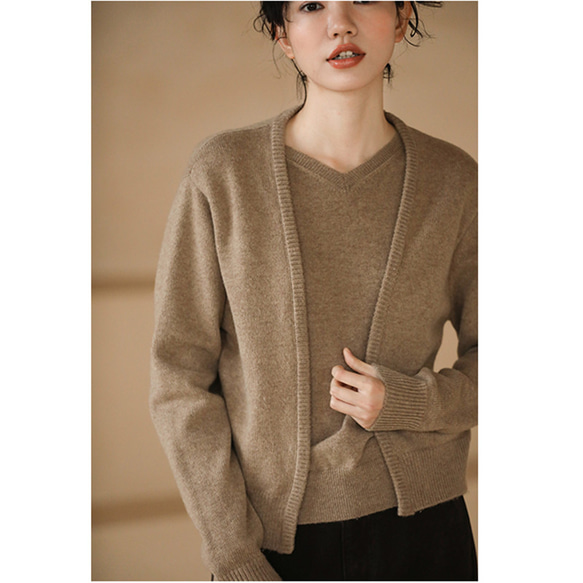 重ね着風セーター　ウール混紡ニットジャケット　ニットセーター　カーキ　S-L　#013 16枚目の画像