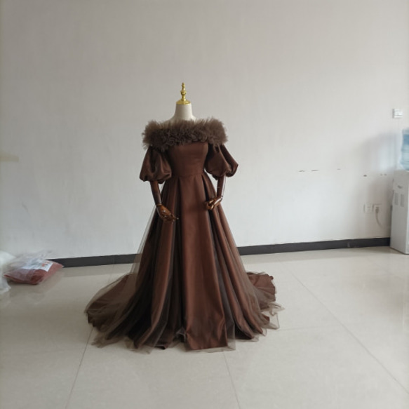 3waysブラウンカラードレス ベアトップ パフスリーブ トレーン  