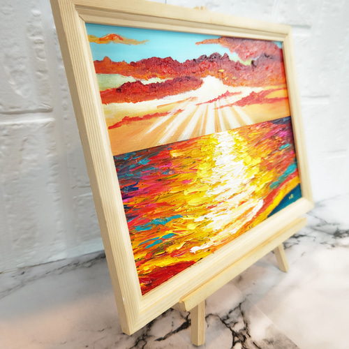 油絵 油彩 油彩画 絵 絵画 ミニ絵画【夕日の海】 絵画 HR 通販
