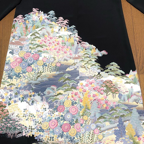 着物リメイク 黒留袖ドレス 百花繚乱 長袖Aラインワンピース 着物リメイク 黒留袖ドレス 百花繚乱 長袖Aラインワンピース