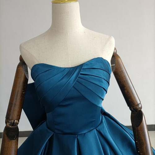 高品質！ カラードレス ブルー Aライン ロングトレーン ベアトップ  