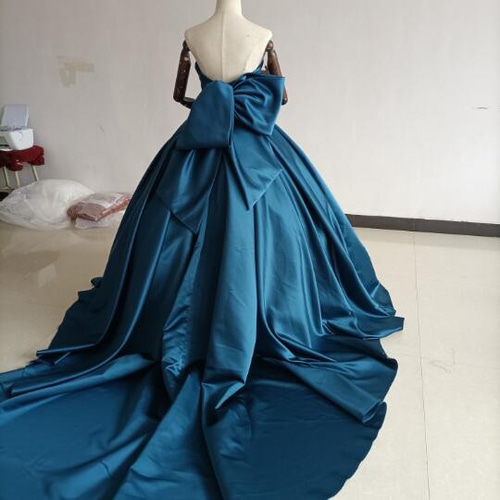 高品質！ カラードレス ブルー Aライン ロングトレーン ベアトップ  