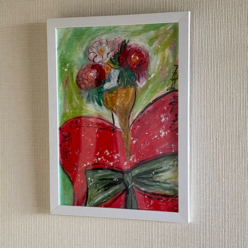 絵画 。壁掛け絵原画【美しい花輪をかぶって赤いドレスを着て