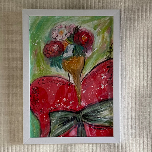 絵画 。壁掛け絵原画【美しい花輪をかぶって赤いドレスを着て