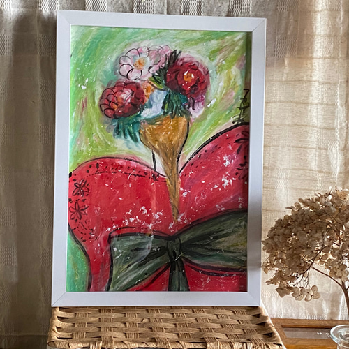 絵画 。壁掛け絵原画【美しい花輪をかぶって赤いドレスを着て