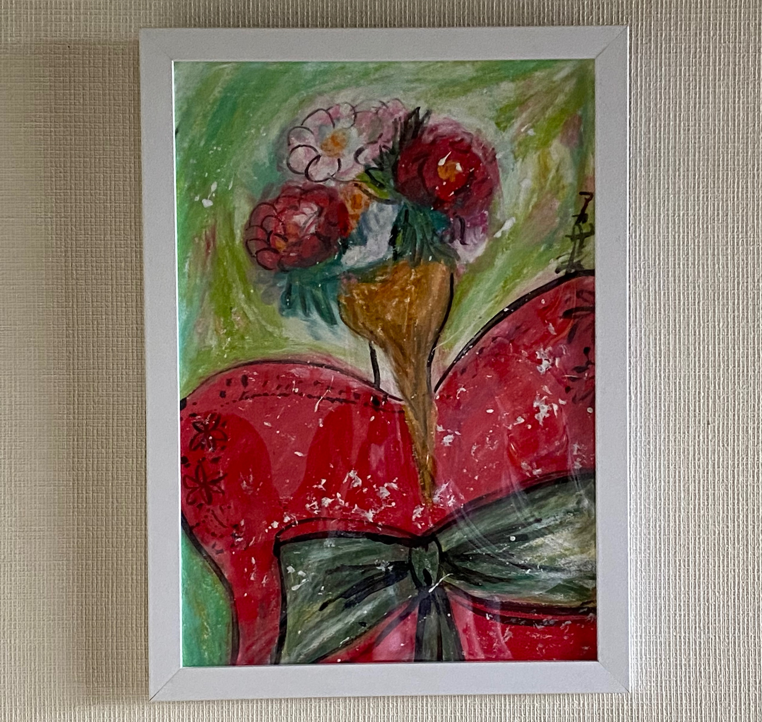 絵画 。壁掛け絵原画【美しい花輪をかぶって赤いドレスを着て
