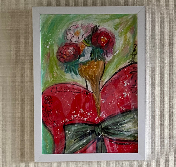 絵画 。壁掛け絵原画【美しい花輪をかぶって赤いドレスを着て