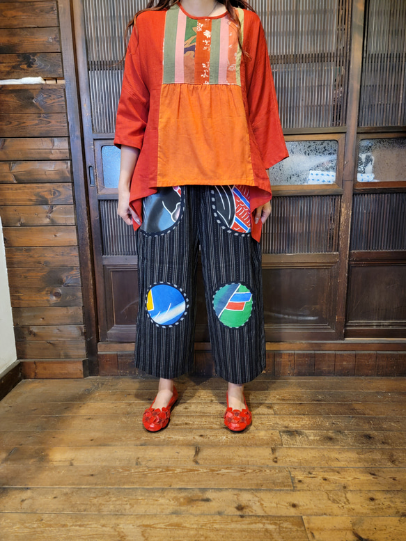 着物リメイク 古布 手作り 縞木綿 旗パッチ パンツ ワンピース 