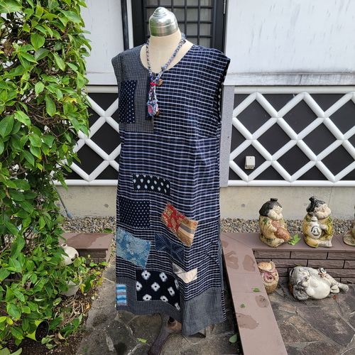 着物リメイク 古布 手作り 格子 雪ん子 更紗 パッチ ジャンパー