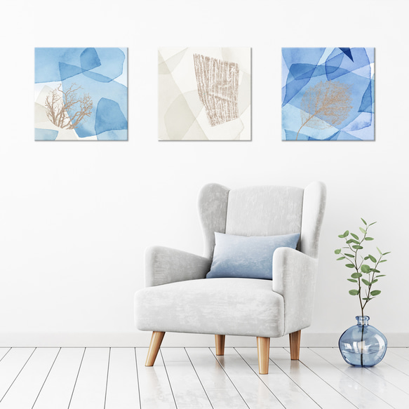 正方形キャンバスパネル _SQUARE 涼しげブルー 3枚セット　北欧インテリアアートパネルでお部屋の模様替え 1枚目の画像