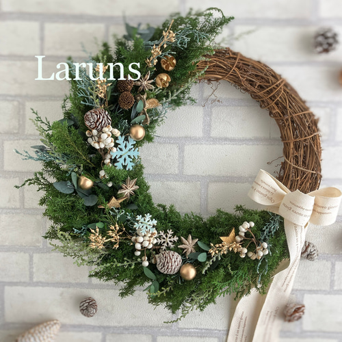 クリスマスリース ハーフムーンのブルーXマス 38㎝直径 プリザーブド