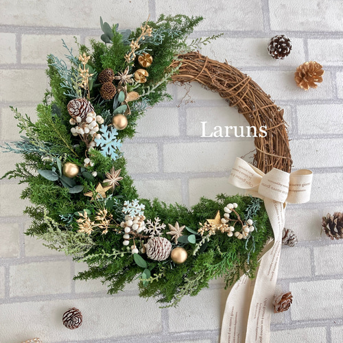 専用　布リース*ツインクル☆クリスマス*　ミニハーフリースセット クリスマスリース ハーフムーンのブルーXマス 38㎝直径