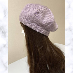 ニット帽　ラベンダー　手編み　ベレー帽　ハンドメイド　ゆったり　桜色　シンプル 6枚目の画像