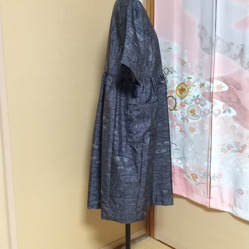 着物リメイク　大島紬　正絹　ワンピース　ドレス 半袖 着物リメイク 大島紬 半袖ワンピース ワンピース 着物リメイク シルキ
