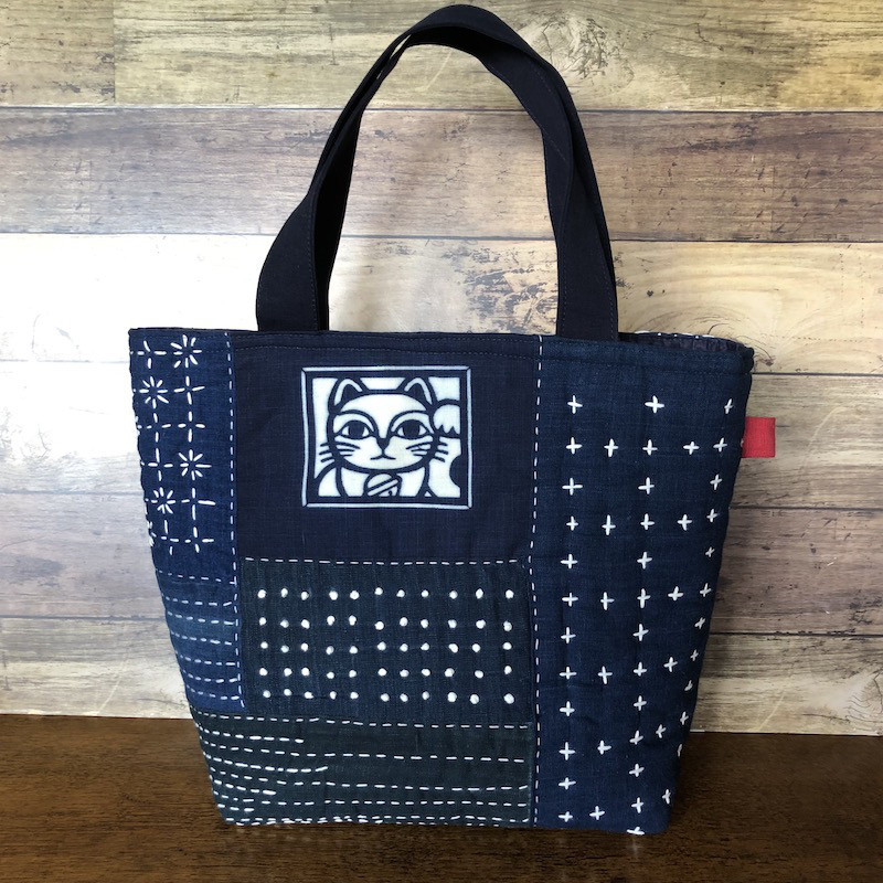 美品　レザー切替　インディゴ　パッチワーク　刺し子　トートバッグ　木札付き　藍染