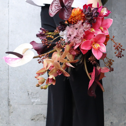 ■専用　正月　飾り　造花　アレンジメント　ブーケ　スワッグ　ウェディング　胡蝶蘭 胡蝶蘭ブラック 4本 造花 和装 枝ブーケ アーティフィシャル