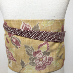 袋帯小豆色薄茶色刺繍縫い付け