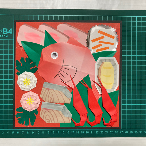 おせち料理・三段重/壁面飾り/折り紙、和紙、画用紙