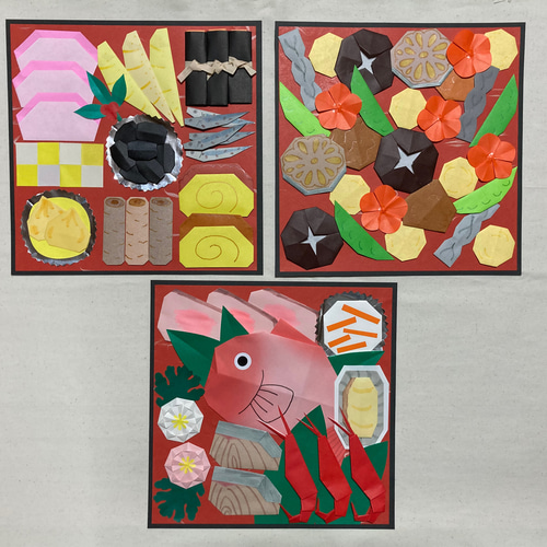 おせち料理・三段重/壁面飾り/折り紙、和紙、画用紙