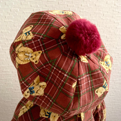 ベビーちゃんセットアップぽわん袖ワンピース&ほっこりベレー帽　赤系チェック柄テディベアーリアルラビットファー付 5枚目の画像