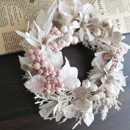 白♪】ホワイトクリスマスリース 2022 アーティフィシャルフラワー