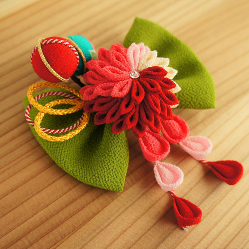 つまみ細工 ちりめん リボン 髪飾り うぐいす色リボン 卒業式