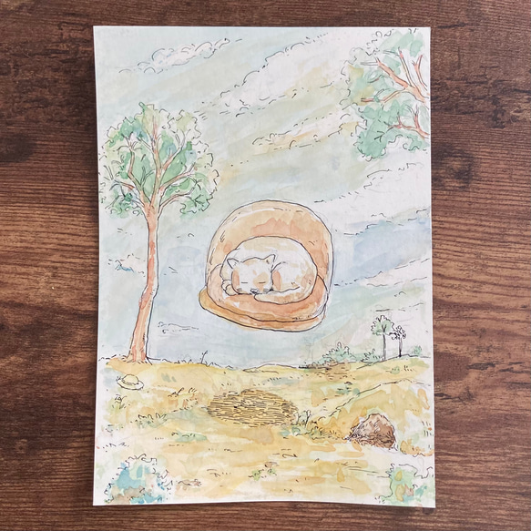 【イラスト】原画「浮遊するねこ」／透明水彩／絵画 1枚目の画像