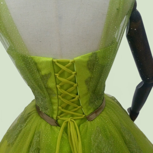カラードレス 編み上げ キラキラグリッターチュール グリーン ベルト  