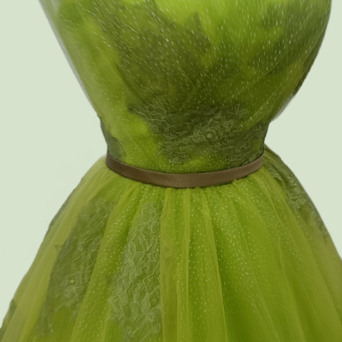 カラードレス 編み上げ キラキラグリッターチュール グリーン ベルト  