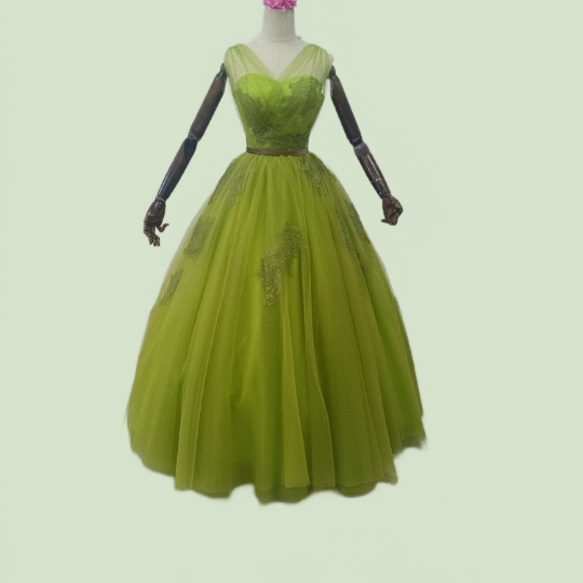カラードレス 編み上げ キラキラグリッターチュール グリーン ベルト  