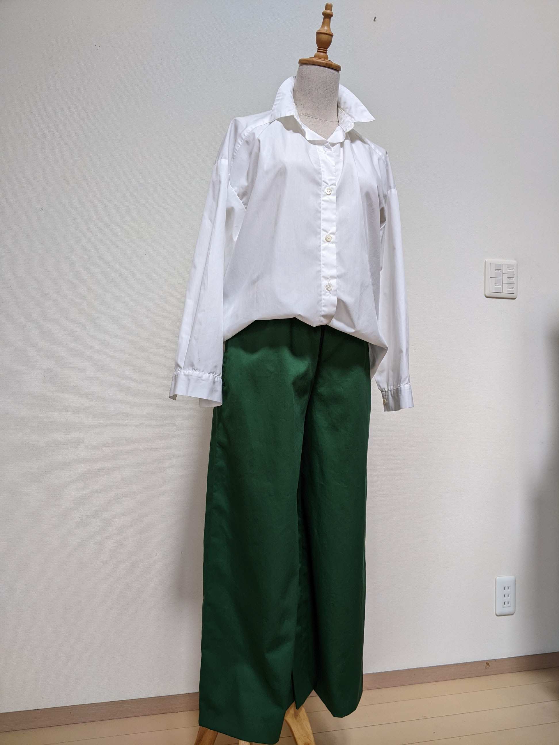 ワイドパンツ　ベリルグリーン　ゆったり　選べる丈　秋服　大人キレイ　ナチュラル　コットン100　美人